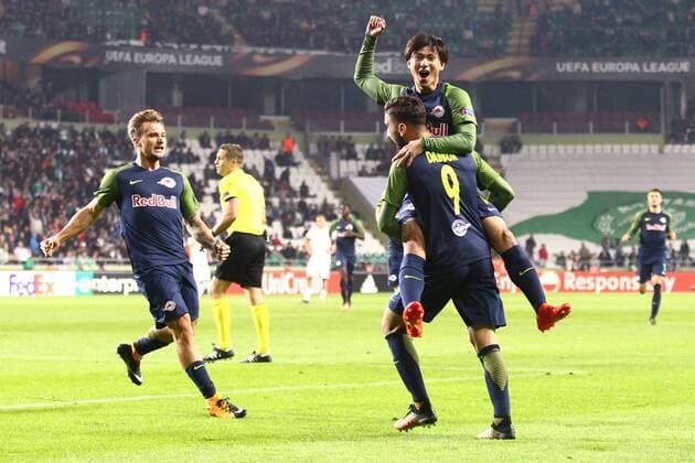 SOCCER - UEFA EL, Atiker vs RBS KONYA,TURKEY,19.OCT.17 - SOCCER - UEFA Europa League, Atiker Konyaspor vs Red Bull Salzburg. Image shows the rejoicing of Munas Dabbur, Takumi Minamino and Fredrik Gulbrandsen (RBS). GEPAxpictures xFelixxRoittner