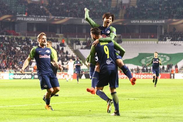 SOCCER - UEFA EL, Atiker vs RBS KONYA,TURKEY,19.OCT.17 - SOCCER - UEFA Europa League, Atiker Konyaspor vs Red Bull Salzburg. Image shows the rejoicing of Munas Dabbur, Takumi Minamino and Fredrik Gulbrandsen (RBS). GEPAxpictures xFelixxRoittner
