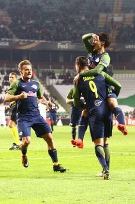 SOCCER - UEFA EL, Atiker vs RBS KONYA,TURKEY,19.OCT.17 - SOCCER - UEFA Europa League, Atiker Konyaspor vs Red Bull Salzburg. Image shows the rejoicing of Munas Dabbur, Takumi Minamino and Fredrik Gulbrandsen (RBS). GEPAxpictures xFelixxRoittner