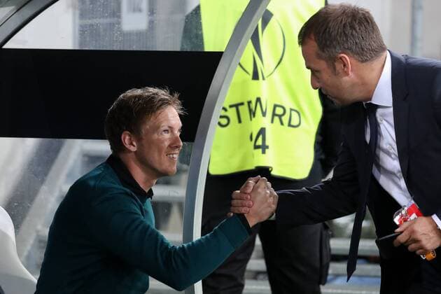 v left Julian Nagelsmann team manager Head coach Hoffenheim and Hans Dieter Flick Hansi Flick manager Sports Hoffenheim welcome to before the Game Football UEFA Europe League TSG 1899 Hoffenheim Istanbul Basaksehir xozx