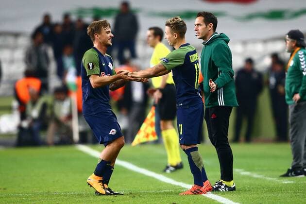 SOCCER - UEFA EL, Atiker vs RBS KONYA,TURKEY,19.OCT.17 - SOCCER - UEFA Europa League, Atiker Konyaspor vs Red Bull Salzburg. Image shows Fredrik Gulbrandsen and Marc Rzatkowski (RBS). GEPAxpictures xFelixxRoittner