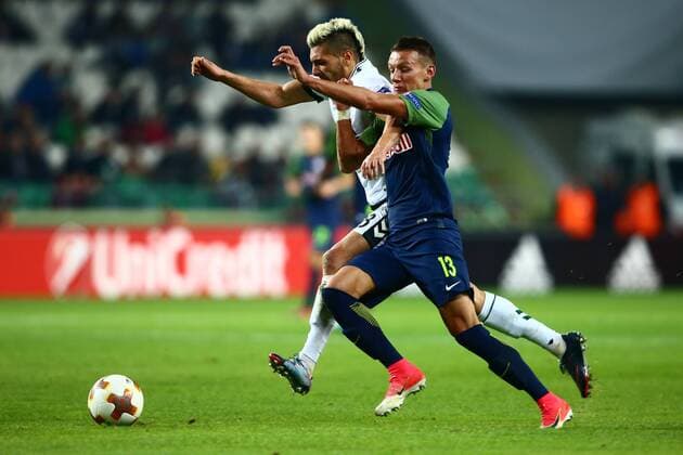 SOCCER - UEFA EL, Atiker vs RBS KONYA,TURKEY,19.OCT.17 - SOCCER - UEFA Europa League, Atiker Konyaspor vs Red Bull Salzburg. Image shows Hannes Wolf (RBS) and Mehdi Bourabia (Konyaspor). GEPAxpictures xFelixxRoittner