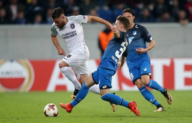 Football Europe League TSG 1899 Hoffenheim Istanbul Basaksehir Group C at 19 10 2017 in the Wirsol Rhine Neckar Arena xmdx Tunay Torun 23 Istanbul Basaksehir Dennis Geiger 32 1899 Hoffenheim TSG 1899 Hoffenheim Istanbul Basaksehir