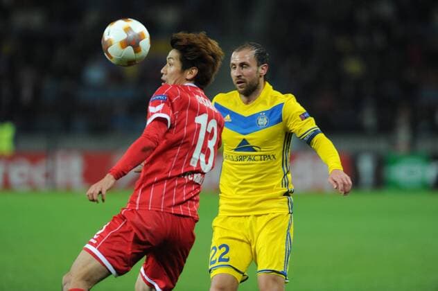 Europa League, BATE Borisov - 1. FC Köln, Yuya Osako und Igor Stasevich 