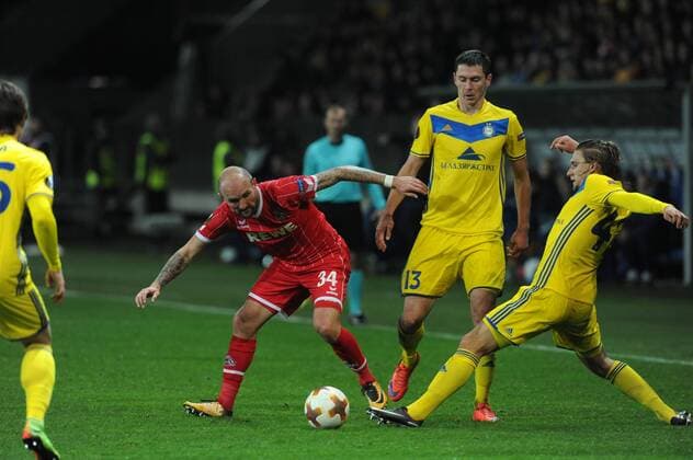 Europa League, BATE Borisov - 1. FC Köln, Konstantin Rausch, Nikolay Signevich und Maksim Volodjko 