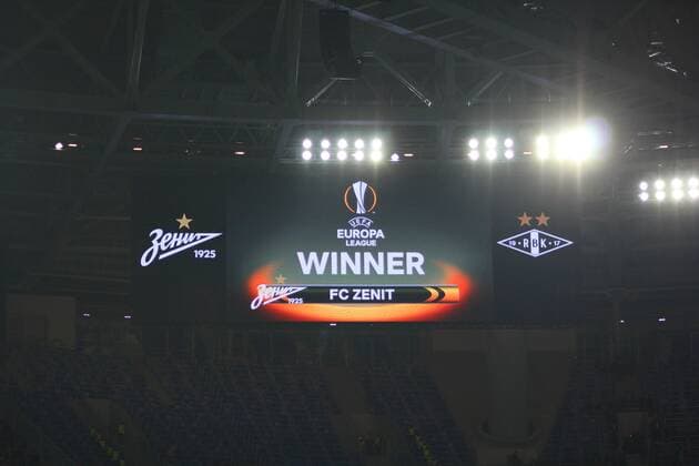 Of The Russian Federation. Saint-Petersburg. The UEFA Europa League. Football. Football match Zenit - Rosenborg 3:1. The player of FC Zenit MaksimxKonstantinov 