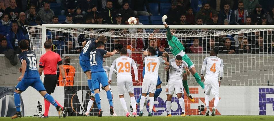 Football Europe League TSG 1899 Hoffenheim Istanbul Basaksehir Group C at 19 10 2017 in the Wirsol Rhine Neckar Arena xmdx Mert Günok 34 Goalkeeper Istanbul Basaksehir clears TSG 1899 Hoffenheim Istanbul Basaksehir