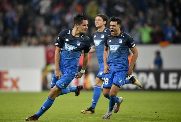 goal to 1 0 through Benjamin Hübner TSG 1899 Hoffenheim goal celebration with Nadiem Amiri TSG 1899 Hoffenheim Nico Schulz TSG 1899 Hoffenheim TSG 1899 Hoffenheim vs Istanbul BB Medipol Basaksehir Europe League 19 10 2017 TSG 1899 Hoffenheim vs Istanbul BB Medipol Basaksehir