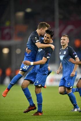 goal to 1 0 through Benjamin Hübner TSG 1899 Hoffenheim goal celebration with Nadiem Amiri TSG 1899 Hoffenheim Nico Schulz TSG 1899 Hoffenheim TSG 1899 Hoffenheim vs Istanbul BB Medipol Basaksehir Europe League 19 10 2017 TSG 1899 Hoffenheim vs Istanbul BB Medipol Basaksehir