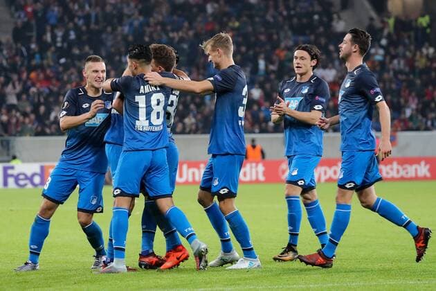 Players the TSG 1899 Hoffenheim cheer above the goal to 1 0 cheering goal celebration Goals Celebrate The Goal Goal Celebration cheering ueber the goal optimistic Action Action shot Football UEFA Europe League TSG 1899 Hoffenheim Istanbul Basaksehir xozx