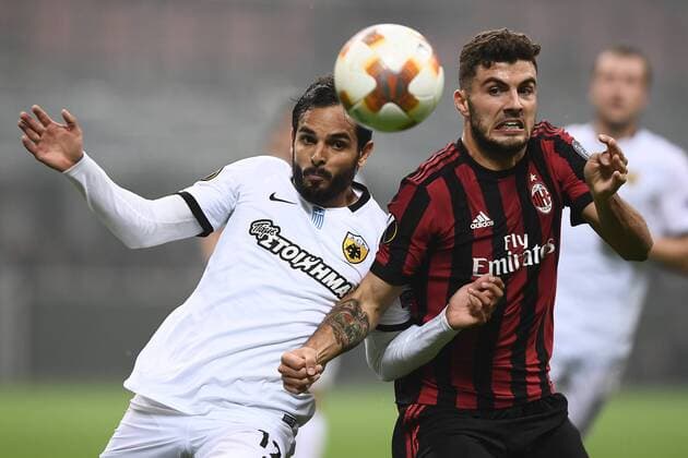 Mg Milano 19 10 2017 - Europa League Milan-Aek foto Matteo Gribaudi Image nella foto: Patrick Cutrone-Rodrigo Galo 