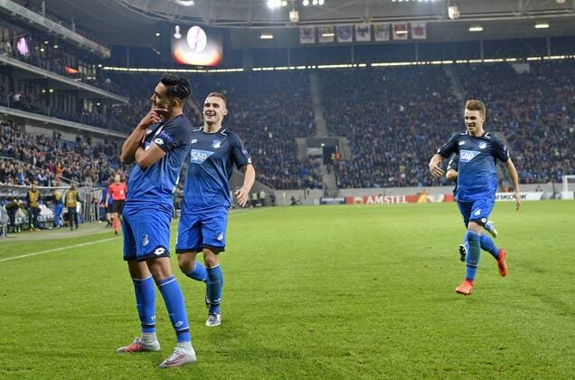 goal to 2 0 through Nadiem Amiri TSG 1899 Hoffenheim goal celebration Gesture Gesture Pose TSG 1899 Hoffenheim vs Istanbul BB Medipol Basaksehir Europe League 19 10 2017 TSG 1899 Hoffenheim vs Istanbul BB Medipol Basaksehir