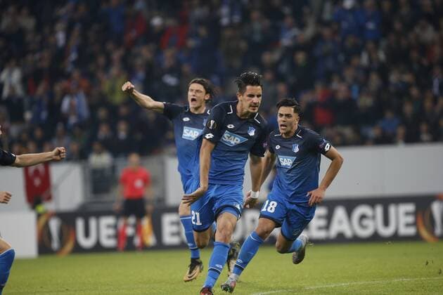 goal celebration 1 0 Hoffenheim v left Nico Schulz Hoffenh Scorer Benjamin Hübner Hope centre right Nadiem Amiri Hoffenh TSG 1899 Hoffenheim Istanbul Basaksehir FK Sinsheim ger 19 10 2017 Europe League 2017 2018