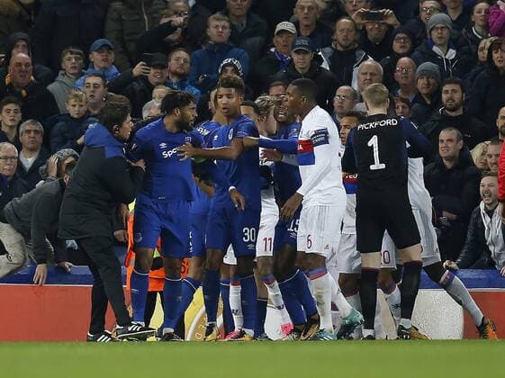Ashley Williams of Everton is held back from confrontation during the Europa League Group E match at Goodison Park Stadium, Liverpool. Picture date: October 19th 2017. Picture credit should read: Simon Bellis Sportimage EDITORIAL USE ONLY. No use with unauthorised audio, video, data, fixture lists, club league logos or live services. Online in-match use limited to 120 images, no video emulation. No use in betting, games or single club league player publications.