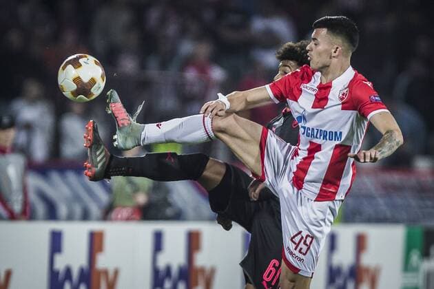 19th October 2017, Red Star Stadium, Belgrade, Serbia; UEFA Europa League Group Stage, Red Star Belgrade versus Arsenal; Midfielder Reiss Nelson of Arsenal in action against Midfielder Nemanja Radonjic of Red Star Belgrade  ActionPlus11941471