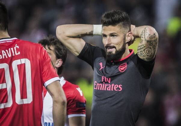 19th October 2017, Red Star Stadium, Belgrade, Serbia; UEFA Europa League Group Stage, Red Star Belgrade versus Arsenal; Forward Olivier Giroud of Arsenal reacts during the match  ActionPlus11941474