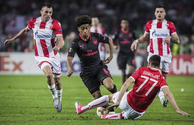 19th October 2017, Red Star Stadium, Belgrade, Serbia; UEFA Europa League Group Stage, Red Star Belgrade versus Arsenal; Defender Marko Gobeljic of Red Star Belgrade blocks Midfielder Reiss Nelson of Arsenal  ActionPlus11941488