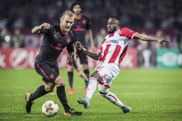 19th October 2017, Red Star Stadium, Belgrade, Serbia; UEFA Europa League Group Stage, Red Star Belgrade versus Arsenal; Midfielder Jack Wilshere of Arsenal in action against Midfielder Guelor Kanga of Red Star Belgrade  ActionPlus11941489