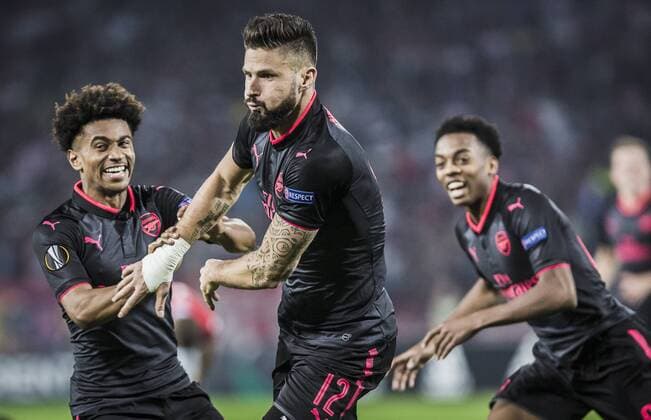 19th October 2017, Red Star Stadium, Belgrade, Serbia; UEFA Europa League Group Stage, Red Star Belgrade versus Arsenal; Forward Olivier Giroud of Arsenal celebrates the goal for 0-1 with Midfielder Reiss Nelson of Arsenal  ActionPlus11941492