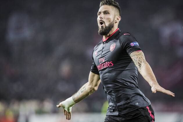 19th October 2017, Red Star Stadium, Belgrade, Serbia; UEFA Europa League Group Stage, Red Star Belgrade versus Arsenal; Forward Olivier Giroud of Arsenal celebrates the Arsenal first goals  ActionPlus11941494