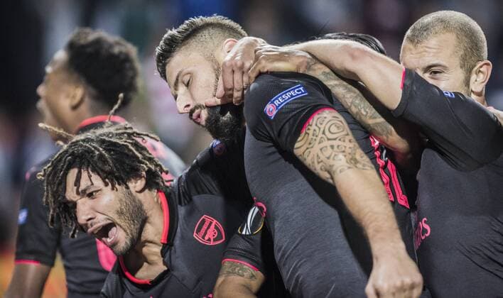 19th October 2017, Red Star Stadium, Belgrade, Serbia; UEFA Europa League Group Stage, Red Star Belgrade versus Arsenal; Forward Olivier Giroud of Arsenal celebrates the goal for 0-1 with Midfielder Jack Wilshere of Arsenal and Midfielder Mohamed Elneny of Arsenal  ActionPlus11941495