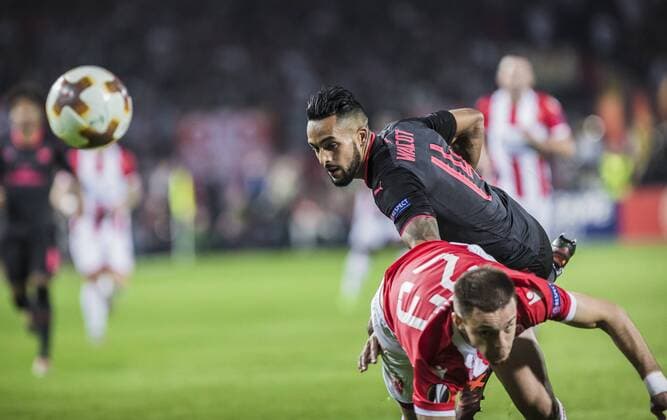 19th October 2017, Red Star Stadium, Belgrade, Serbia; UEFA Europa League Group Stage, Red Star Belgrade versus Arsenal; Forward Theo Walcott of Arsenal in action against Defender Milan Rodic of Red Star Belgrade  ActionPlus11941481