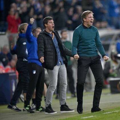 goal to 3 0 through Nico Schulz TSG 1899 Hoffenheim goal celebration at team manager Coach Julian Nagelsmann TSG 1899 Hoffenheim TSG 1899 Hoffenheim vs Istanbul BB Medipol Basaksehir Europe League 19 10 2017 TSG 1899 Hoffenheim vs Istanbul BB Medipol Basaksehir