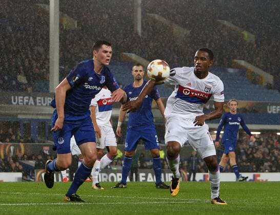19th October 2017, Goodison Park, Liverpool, England; UEFA Europa League football, Everton versus Lyon; Michael Keane of Everton and Myziane Maolida compete for the ball  ActionPlus11941509