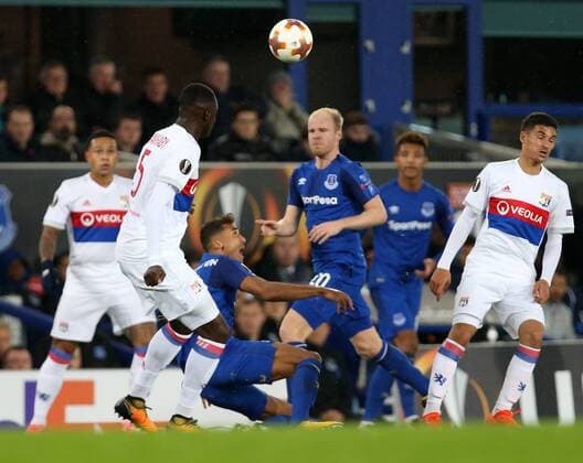 19th October 2017, Goodison Park, Liverpool, England; UEFA Europa League football, Everton versus Lyon; Dominic Calvert-Lewin of Everton is fouled by Mouctar Diakhaby of Lyon  ActionPlus11941514