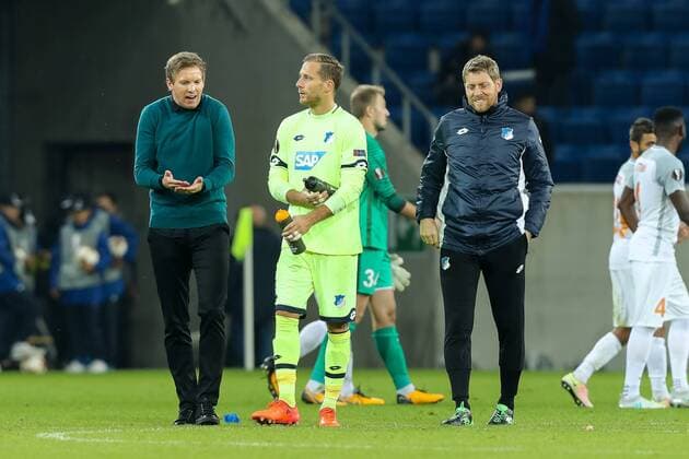 Sinsheim Germany 19 10 2017 UEFA Europe League 2017 18 Season Group stage Group C 3 Matchday TSG 1899 Hoffenheim Istanbul Basaksehir team manager Julian Nagelsmann TSG speaks with Goalkeeper Oliver Baumann TSG DeFodi507