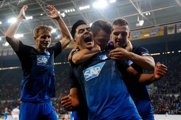 goal celebration the Scorers Nadiem Amiri TSG 1899 Hoffenheim cheering and happiness at Pavel Kaderabek TSG 1899 Hoffenheim and Dennis Geiger TSG 1899 Hoffenheim Stefan Posch TSG 1899 Hoffenheim Germany Sinsheim Sports Football UEFA Europe League Matchday 3 TSG 1899 Hoffenheim vs Istanbul Basaksehir at 19 10 2017 Rhine Neckar Arena