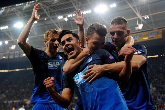 goal celebration the Scorers Nadiem Amiri TSG 1899 Hoffenheim cheering and happiness at Pavel Kaderabek TSG 1899 Hoffenheim and Dennis Geiger TSG 1899 Hoffenheim Stefan Posch TSG 1899 Hoffenheim Germany Sinsheim Sports Football UEFA Europe League Matchday 3 TSG 1899 Hoffenheim vs Istanbul Basaksehir at 19 10 2017 Rhine Neckar Arena