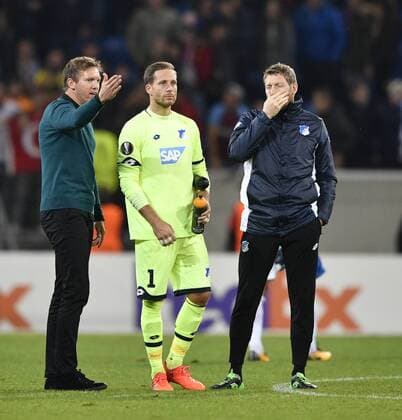 After the Game team manager Coach Julian Nagelsmann TSG 1899 Hoffenheim in Conversation Discussion with Goalkeeper Oliver Baumann TSG 1899 Hoffenheim centre and Goalkeeper team manager Goalkeeper coach Michael Calculator right TSG 1899 Hoffenheim vs Istanbul BB Medipol Basaksehir Europe League 19 10 2017 TSG 1899 Hoffenheim vs Istanbul BB Medipol Basaksehir