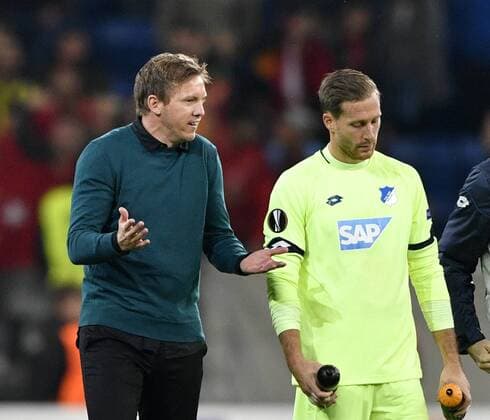 After the Game team manager Coach Julian Nagelsmann TSG 1899 Hoffenheim in Conversation Discussion with Goalkeeper Oliver Baumann TSG 1899 Hoffenheim TSG 1899 Hoffenheim vs Istanbul BB Medipol Basaksehir Europe League 19 10 2017 TSG 1899 Hoffenheim vs Istanbul BB Medipol Basaksehir