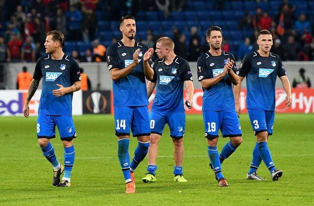 19 10 2017 xfux Football Europe League TSG 1899 Hoffenheim Istanbul Basaksehir FK emspor v l Sandro Wagner 1899 Hoffenheim and Mark Uth 1899 Hoffenheim and Pavel Kaderabek 1899 Hoffenheim and Players TSG 1899 Hoffenheim cheer cheering After Game over Sinsheim