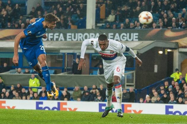 Everton v Olympique Lyonnais UEFA Europa League Dominic Calvert-Lewin of Everton powers a header towards goal ahead of Marcelo of Olympique Lyonnais during the UEFA Europa League match at Goodison Park, Liverpool Content Not Available For UK Newspapers Copyright: xMattxWilkinsonx FIL-10831-0036