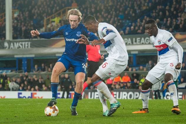 Everton v Olympique Lyonnais UEFA Europa League Marcelo of Olympique Lyonnais holds up Tom Davies of Everton during the UEFA Europa League match at Goodison Park, Liverpool Content Not Available For UK Newspapers Copyright: xMattxWilkinsonx FIL-10831-0038