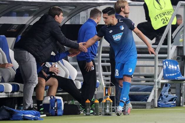 the broken Nadiem Amiri Hoffenheim 18 claps to with the Players on the Substitutes u0026 39; bench from Football UEFA Europe League TSG 1899 Hoffenheim Istanbul Basaksehir xozx