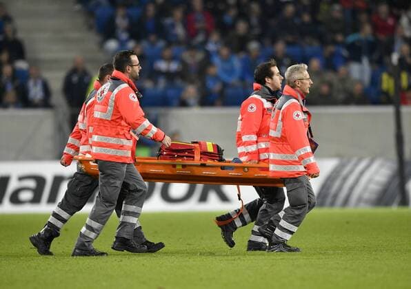 DRC Red Cross Helper with Tub Grave on Field TSG 1899 Hoffenheim vs Istanbul BB Medipol Basaksehir Europe League 19 10 2017 TSG 1899 Hoffenheim vs Istanbul BB Medipol Basaksehir