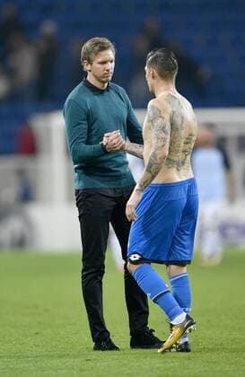 After the Game team manager Coach Julian Nagelsmann TSG 1899 Hoffenheim thanks to at Steven Zuber TSG 1899 Hoffenheim Gesture Gesture TSG 1899 Hoffenheim vs Istanbul BB Medipol Basaksehir Europe League 19 10 2017 TSG 1899 Hoffenheim vs Istanbul BB Medipol Basaksehir