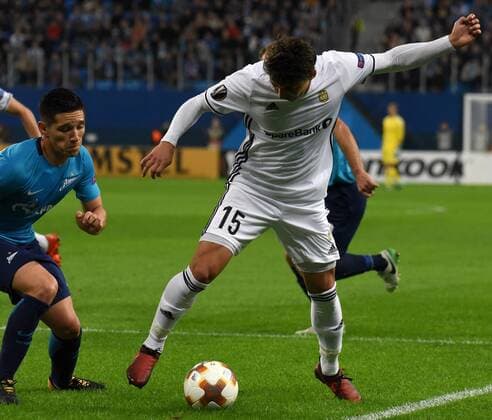 Russia. St. Petersburg. October 19, 2017. Zenit s Mathias Kranevitter and Rosenborg s Anders Trondsen (left to right) during the UEFA Europa League group stage match between Zenit (Russia, St. Petersburg) and Rosenborg (Norway, Trondheim).