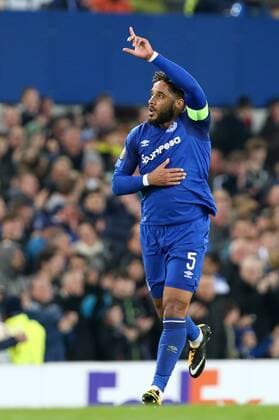 19th October 2017, Goodison Park, Liverpool, England; UEFA Europa League football, Everton versus Lyon; Ashley Williams of Everton celebrates his equalising goal after 69 minutes making the score 1-1  ActionPlus11941535