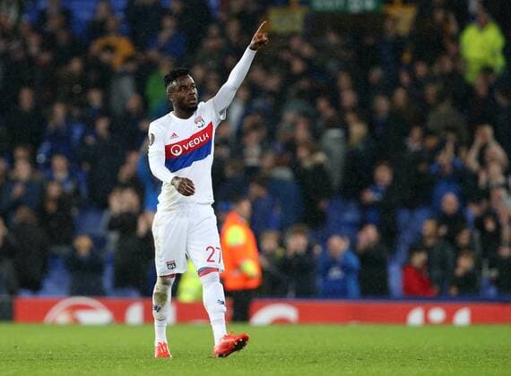 19th October 2017, Goodison Park, Liverpool, England; UEFA Europa League football, Everton versus Lyon; Maxwel Cornet of Lyon celebrates his team s 1-2 victory at the final whistle  ActionPlus11941544