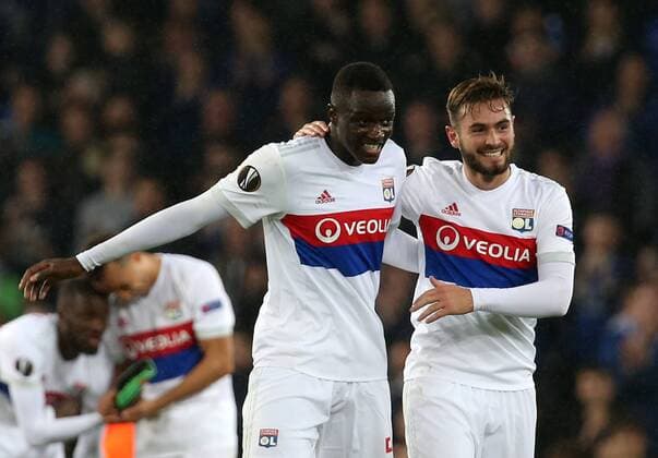 19th October 2017, Goodison Park, Liverpool, England; UEFA Europa League football, Everton versus Lyon; Mouctar Diakhaby and Lucas Tousart of Lyon celebrate their teams 1-2 win at the final whistle  ActionPlus11941546