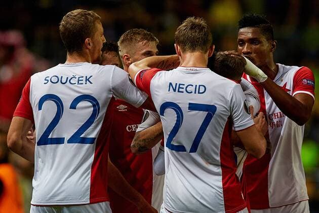 19th October 2017, El Madrigal, Villarreal, Spain; UEFA Europa League football, Villarreal versus Slavia Prague; SK Slavia Prague players teammate Danny after scoring a goal in minute 30th to make it 0-2;  ActionPlus11941609