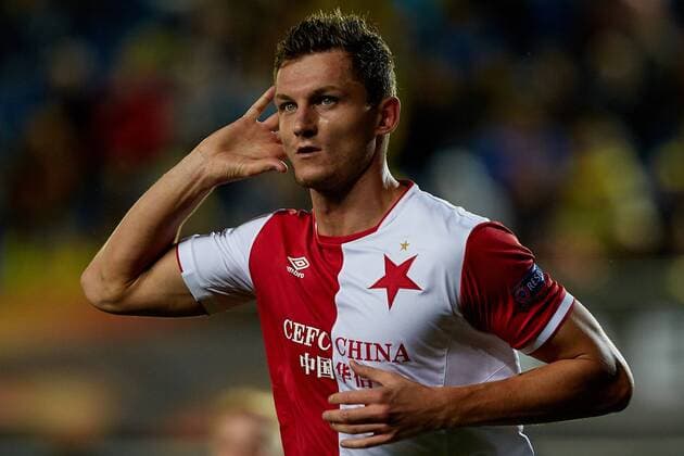 19th October 2017, El Madrigal, Villarreal, Spain; UEFA Europa League football, Villarreal versus Slavia Prague; Tomas Necid of SK Slavia Prague celebrates after scoring in the minute 18th to make it 0-1;  ActionPlus11941590