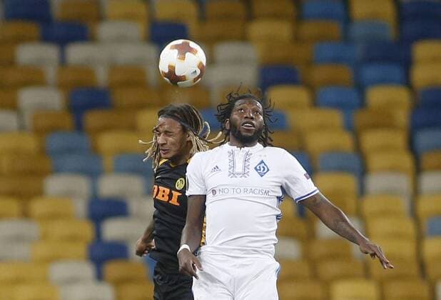 October 19, 2017 - Dieumerci Mbokani (R ) of Dynamo vies for the ball with Kevin Mbabu (R) of Young Boys during the UEFA Europa League Group B soccer match between FC Dynamo Kyiv and FC Young Boys at the NSK Olimpiyskyi in Kyiv, Ukraine, October 19, 2017. The UEFA Europa League Group B soccer match between FC Dynamo Kyiv and FC Young Boys at the NSK Olimpiyskyi in Kyiv. - ZUMAs334 80533760st Copyright: xAnatoliixStepanovx
