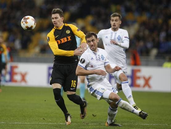 October 19, 2017 - Josip PivariÄ¡ (L ) of Dynamo vies for the ball with Christian Fassnacht (R) of Young Boys during the UEFA Europa League Group B soccer match between FC Dynamo Kyiv and FC Young Boys at the NSK Olimpiyskyi in Kyiv, Ukraine, October 19, 2017. The UEFA Europa League Group B soccer match between FC Dynamo Kyiv and FC Young Boys at the NSK Olimpiyskyi in Kyiv. - ZUMAs334 80533776st Copyright: xAnatoliixStepanovx