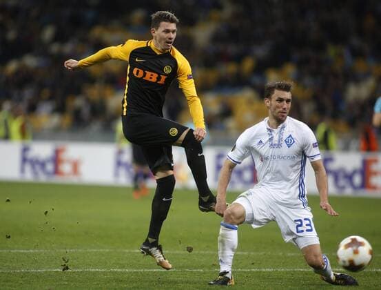 October 19, 2017 - Josip PivariÄ¡ (L ) of Dynamo vies for the ball with Christian Fassnacht (R) of Young Boys during the UEFA Europa League Group B soccer match between FC Dynamo Kyiv and FC Young Boys at the NSK Olimpiyskyi in Kyiv, Ukraine, October 19, 2017. The UEFA Europa League Group B soccer match between FC Dynamo Kyiv and FC Young Boys at the NSK Olimpiyskyi in Kyiv. - ZUMAs334 80533820st Copyright: xAnatoliixStepanovx