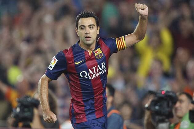 BARCELONA, 18-08-2014. Camp Nou Stadium, La Liga. 2014 2015. Barcelona - Eibar 3-0. Xavi Hernandez of Barcelona celebrates his goal. Barcelona - Eibar *** Barcelona 18 08 2014 Camp Well Stage La League 2014 2015 Barcelona Eibar 3 0 Xavi Hernandez or Barcelona celebrates his goal Barcelona Eibar 